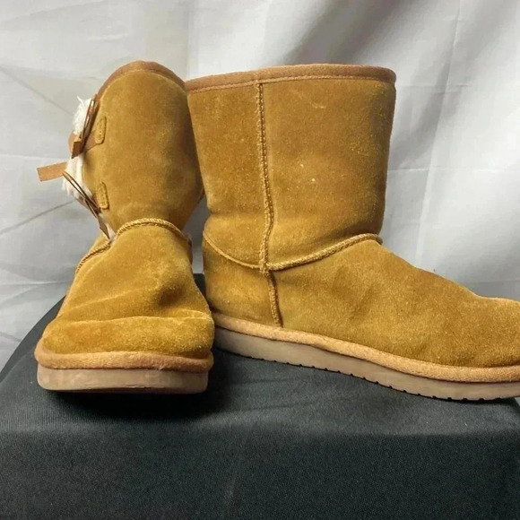 KOOLABURRA BY UGG GIRLS SIZE 4 PULL ON CARAMEL TAN BOOTS SHERPA LINED BOW ACCENT - Picture 12 of 14